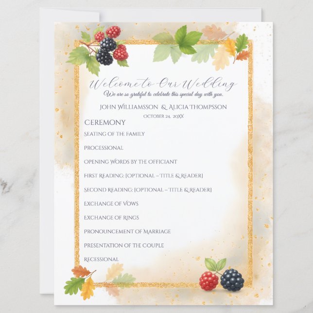 Rustic Romantic Autumn Berry Wedding Program (Front)