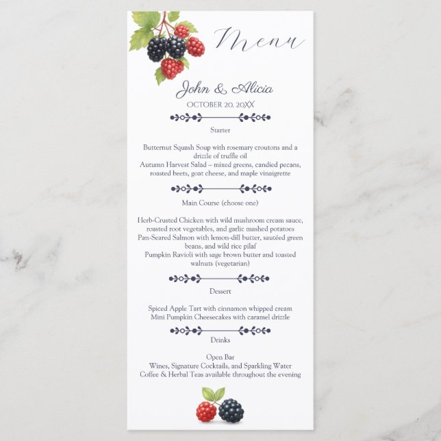 Rustic Romantic Autumn Garden Berry Wedding  Menu (Front)