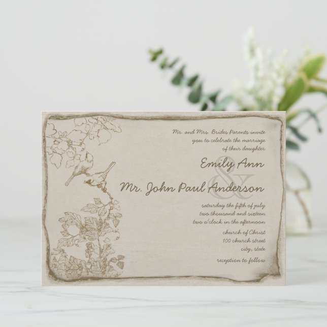 Rustic Romantic Brown Paper Lovebirds Wedding Invitation (Standing Front)