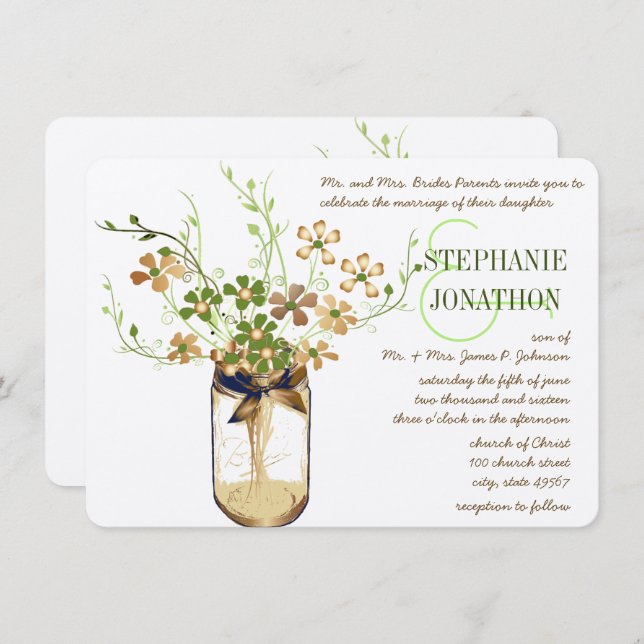 Rustic Romantic Copper Olive Mason Jar Wedding Invitation (Front/Back)