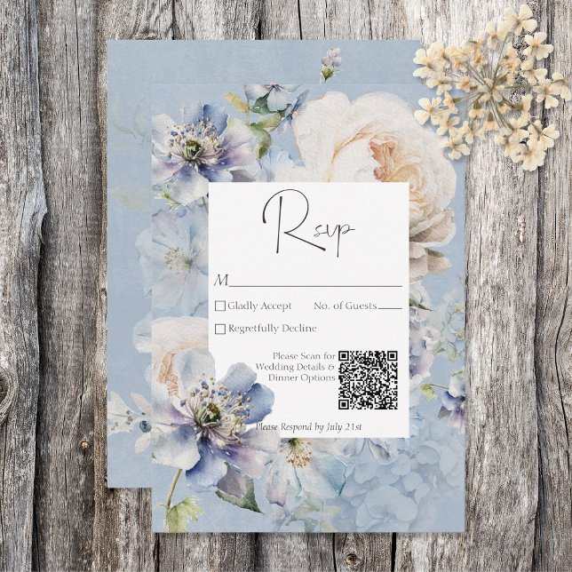 Rustic Romantic Dusty Blue White Floral RSVP Card (Creator Uploaded)