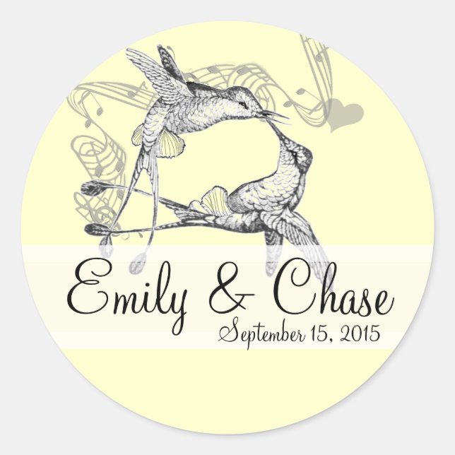 Rustic Romantic Hummingbird Kiss Love BirdWedding Classic Round Sticker (Front)
