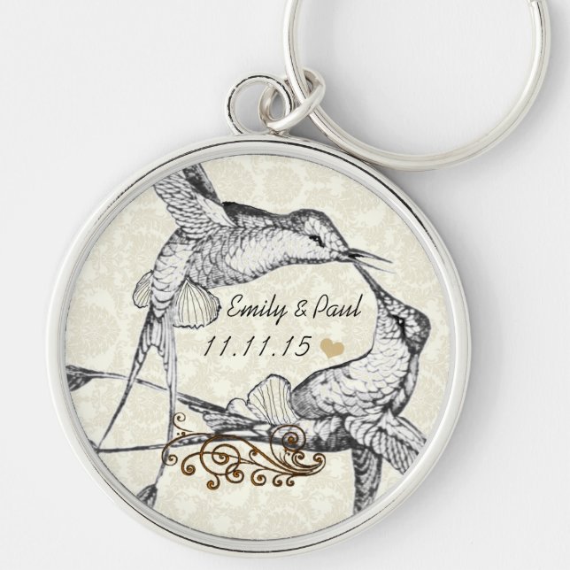 Rustic Romantic Hummingbird Kiss Love BirdWedding Key Ring (Front)