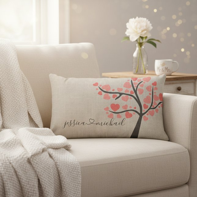 Rustic Romantic Love Tree Couple Names Valentines Lumbar Cushion (❤️Celebrate love with this beautiful rustic pillow for newlyweds.)