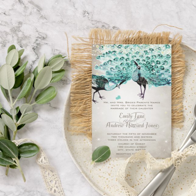 Rustic Romantic Mason Jar Mint Peacock Wedding Invitation (Creator Uploaded)