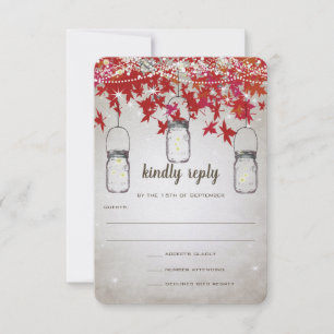 Rustic Romantic Mason Jar Red and Silver Fall Leaf RSVP Card
