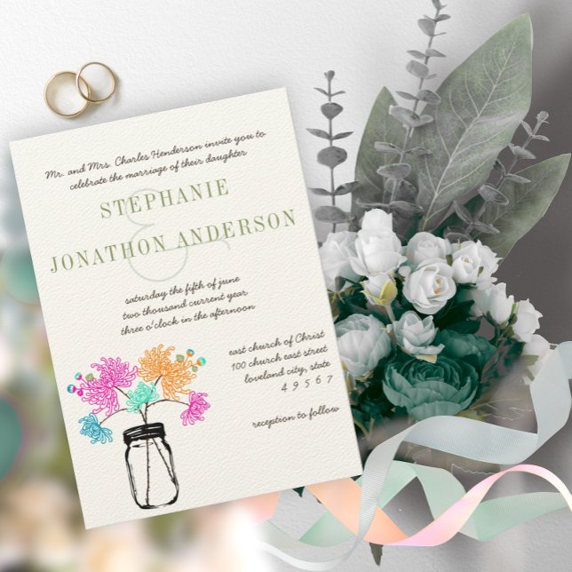 Rustic Romantic Mason Jar Wild Flower Wedding Invitation (Creator Uploaded)