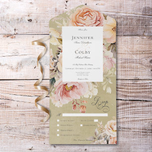 Rustic Romantic Pink & Blush Roses Green Dinner All In One Invitation