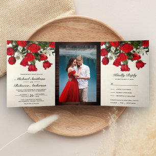 Rustic Romantic Red Roses Bouquet Photo Wedding Tri-Fold Invitation