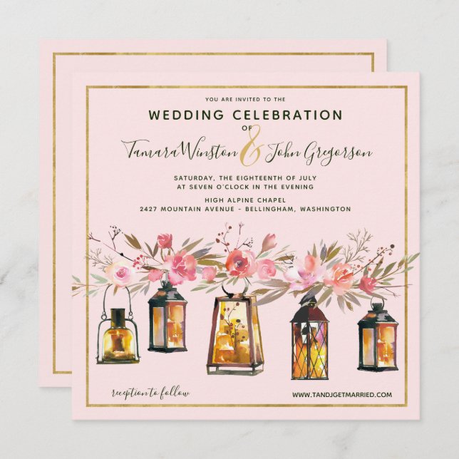 Rustic Romantic Rose Gold Lanterns Floral Wedding Invitation (Front/Back)