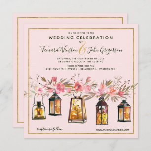 Rustic Romantic Rose Gold Lanterns Floral Wedding Invitation