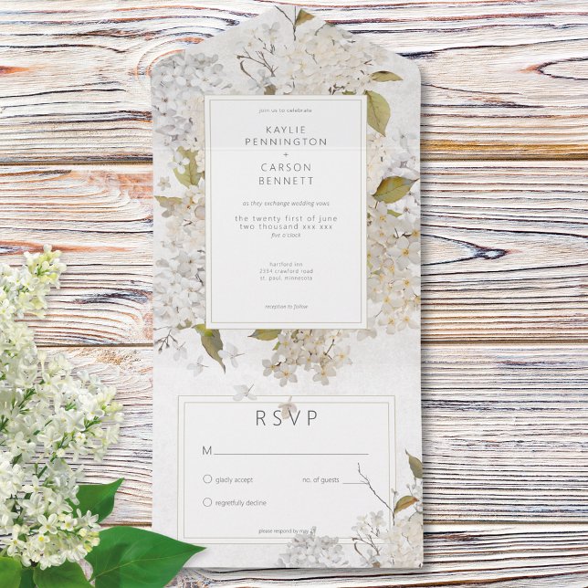 Rustic Romantic White Lilacs on White No Dinner All In One Invitation (Rustic Romantic White Lilacs on White No Dinner All In One Invitation)