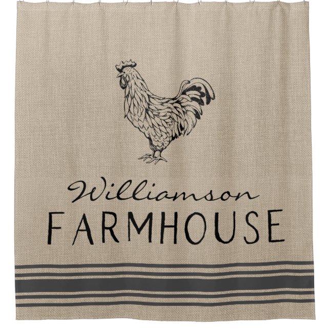 Rustic Rooster Farmhouse Style Family Name Shower Curtain (Front)