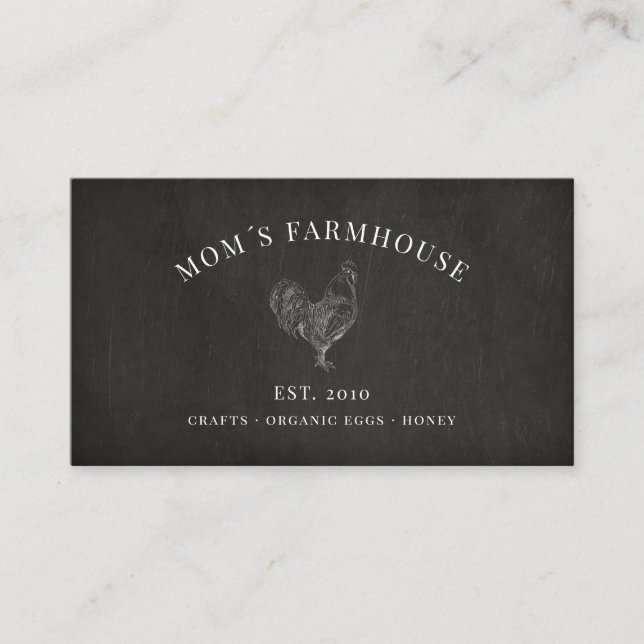 Rustic rooster sketch logo on chalkboard business card (Front)