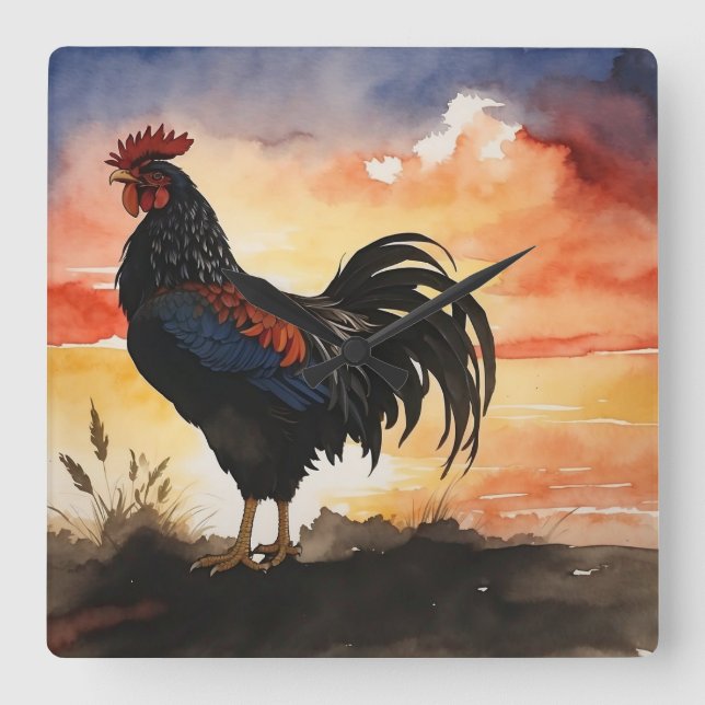 Rustic Rooster Sunrise Square Wall Clock (Front)