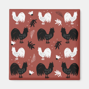 Rustic Roosters Farm Hand Drawn Pattern Magnet