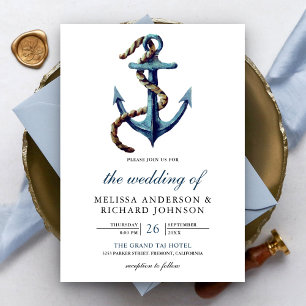 Rustic Rope Navy Blue Anchor Nautical Wedding  Invitation