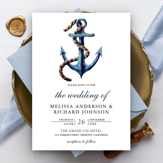 Rustic Rope Navy Blue Anchor Nautical Wedding  Invitation (Creator Uploaded)