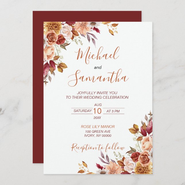 Rustic Rose and Chrysanthemum Fall Wedding Invitation (Front/Back)