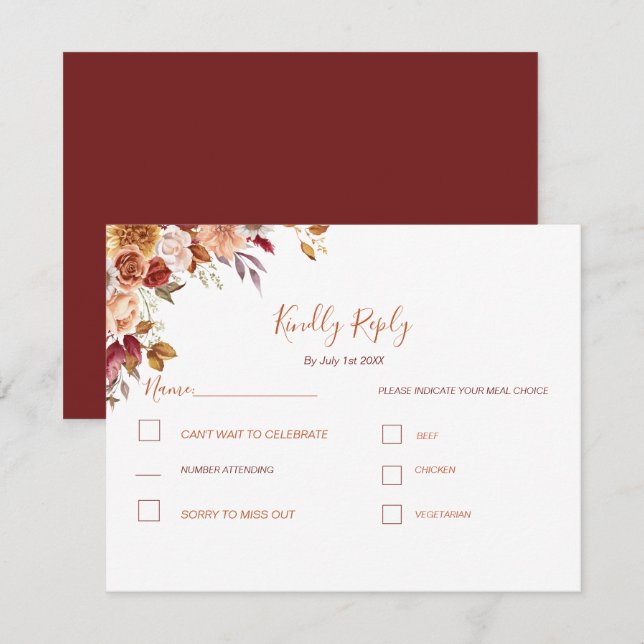 Rustic Rose and Chrysanthemum Fall Wedding RSVP Card (Front/Back)