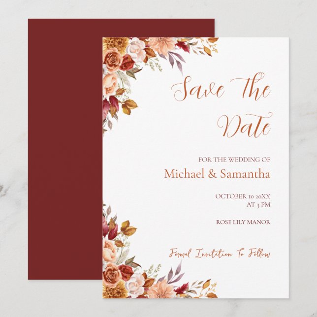 Rustic Rose and Chrysanthemum Fall Wedding Save The Date (Front/Back)