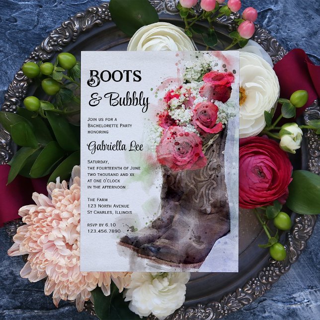 Rustic Rose Boots and Bubbly Bachelorette Party Invitation (Creator Uploaded)