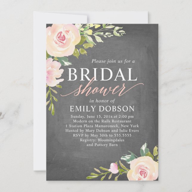 Rustic Rose Bridal Shower Chalkboard Invitation (Front)