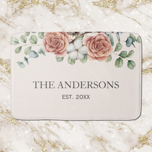 Rustic Rose Eucalyptus Floral Botanical Bath Mat (In situ)