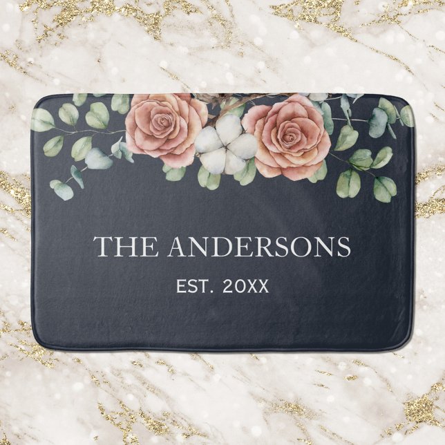 Rustic Rose Eucalyptus Floral Botanical Black Bath Mat (In situ)