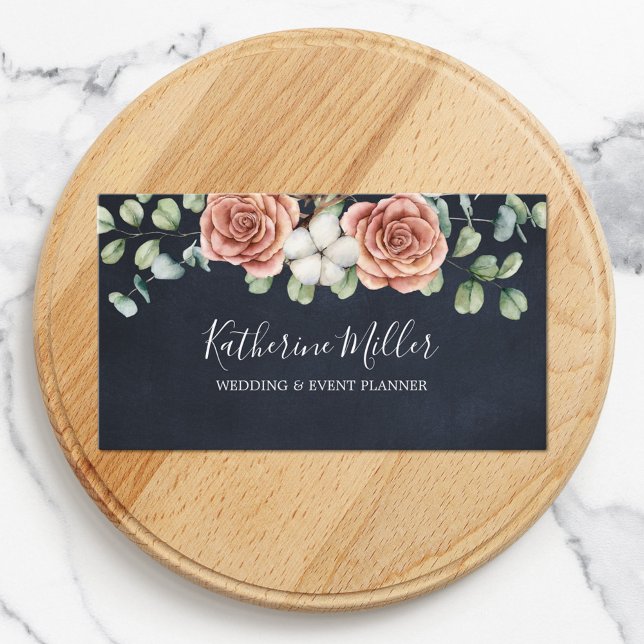 Rustic Rose Eucalyptus Floral Botanical  Black Business Card (Close up)