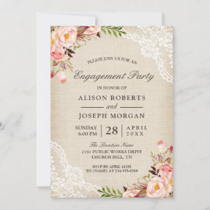 Rustic Rose Floral Burlap Lace Engagement Party Invitation