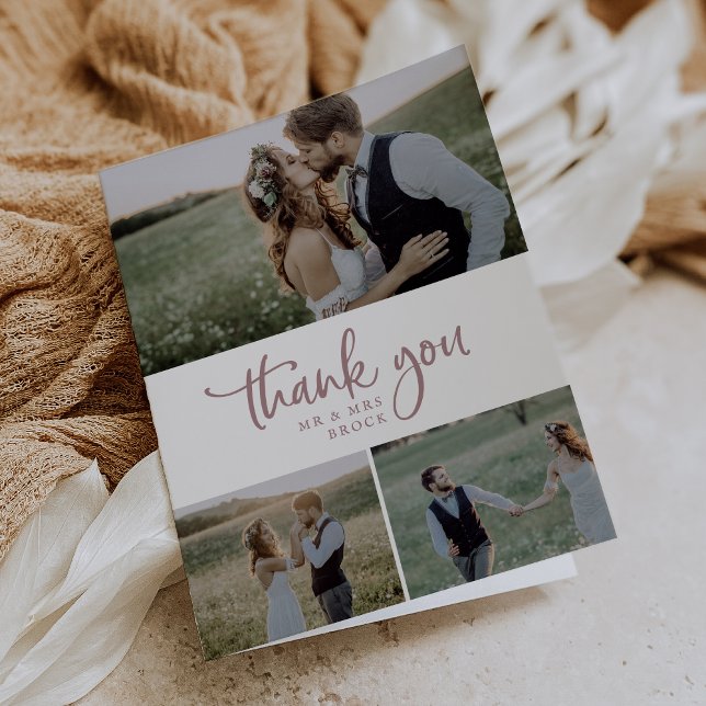 Rustic Rose Gold 3 Photo Collage Folded Wedding Thank You Card (Creator Uploaded)
