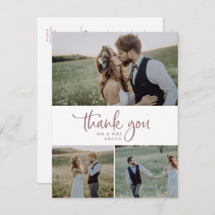 Rustic Rose Gold 3 Photo Collage Wedding Thank You Postcard