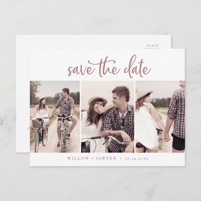 Rustic Rose Gold 3 Photo Template Save the Date (Front/Back)