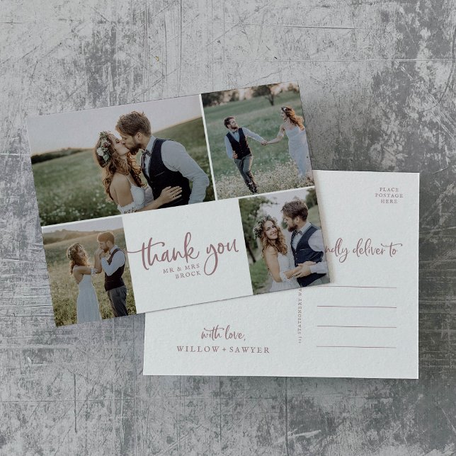 Rustic Rose Gold 4 Photo Collage Wedding Thank You Postcard (Creator Uploaded)