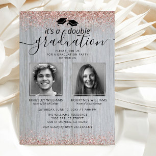 Rustic Rose Gold Double Graduation Photo Invitation
