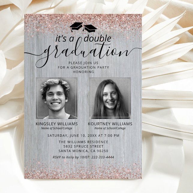 Rustic Rose Gold Double Graduation Photo Invitation (Creator Uploaded)