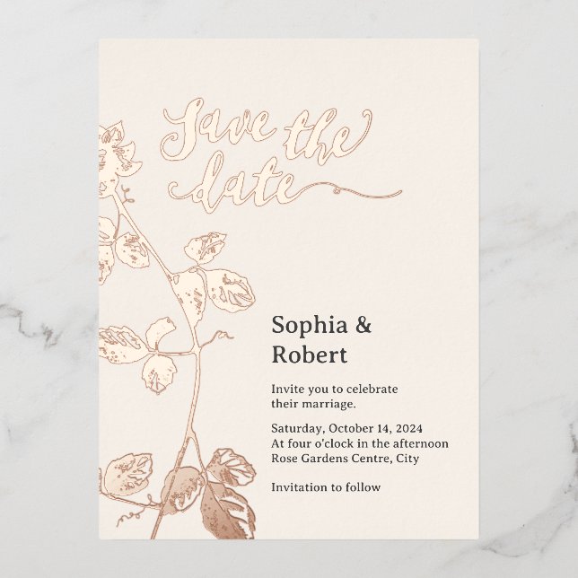 Rustic Rose Gold Floral Wedding Save the date Foil Invitation Postcard (Front)