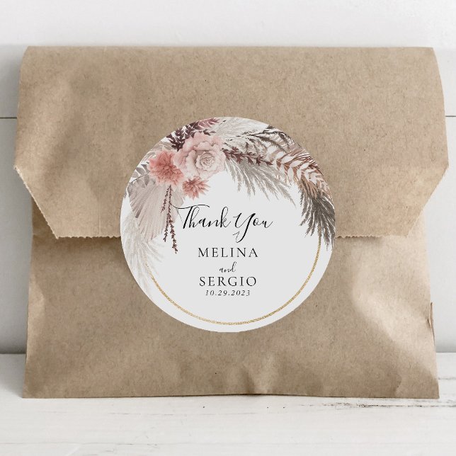 Rustic Rose Gold Floral Wedding Thank You Classic Round Sticker (Creator Uploaded)