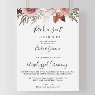 Rustic Rose Gold Floral Wedding Unplugged Ceremony Poster