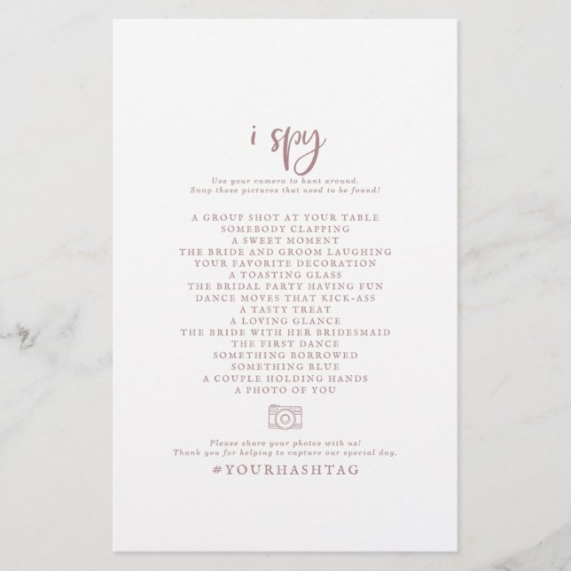 Rustic Rose Gold I Spy Wedding Photo Scavenger Flyer (Front)