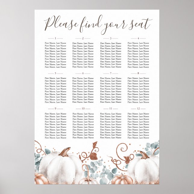Rustic Rose Gold Pumpkins Wedding Seating Chart (Front)