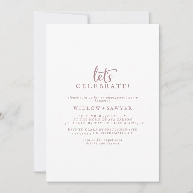 Rustic Rose Gold Script Let's Celebrate Invitation (Front)