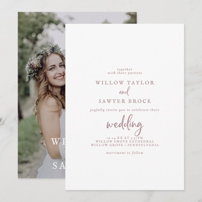 Rustic Rose Gold Script Photo Wedding Invitation (Front/Back)