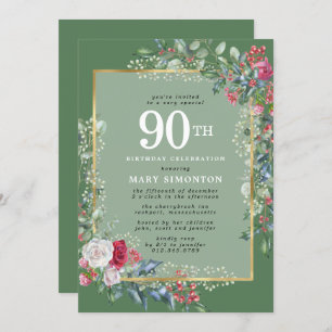 Rustic Rose Holly Berries 90th Birthday Party Invitation