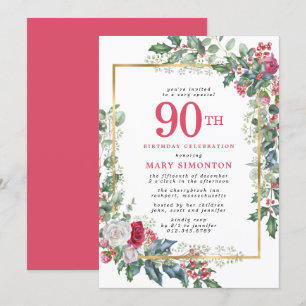 Rustic Rose Holly Berries 90th Birthday Party Invitation