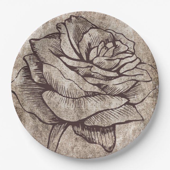 Rustic Rose Ink Drawing Paper Plate (Front)
