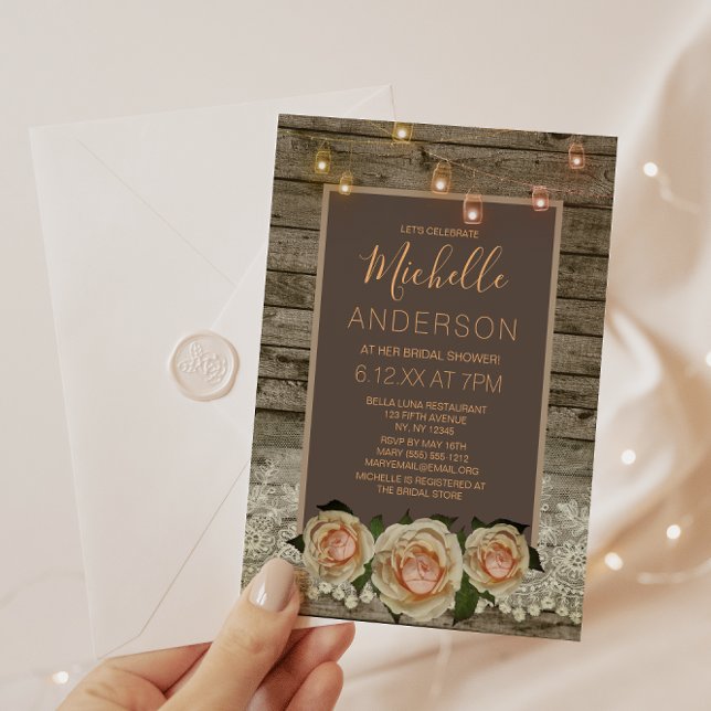 Rustic Rose Lace Mason Jar LightS BRIDAL SHOWER Invitation (Creator Uploaded)