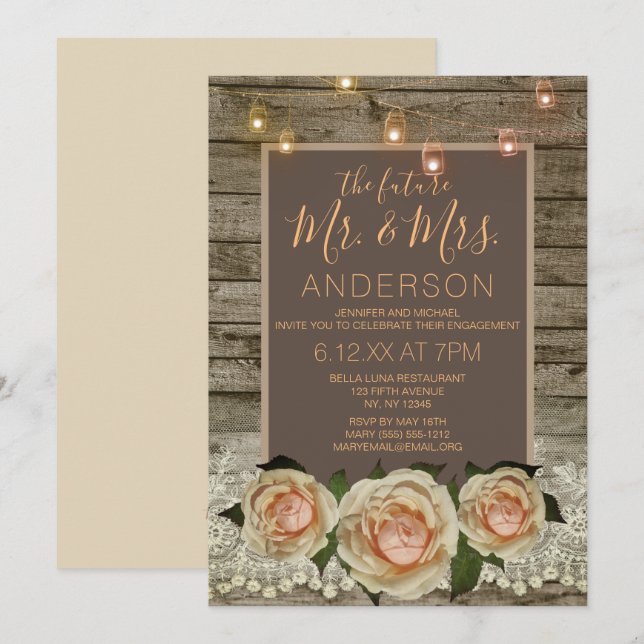 Rustic Rose Lace Mason Jar String Light Engagement Invitation (Front/Back)