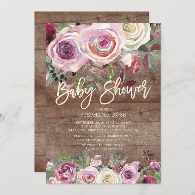 Rustic Rose Purple Floral Baby Shower Invitation (Front/Back)